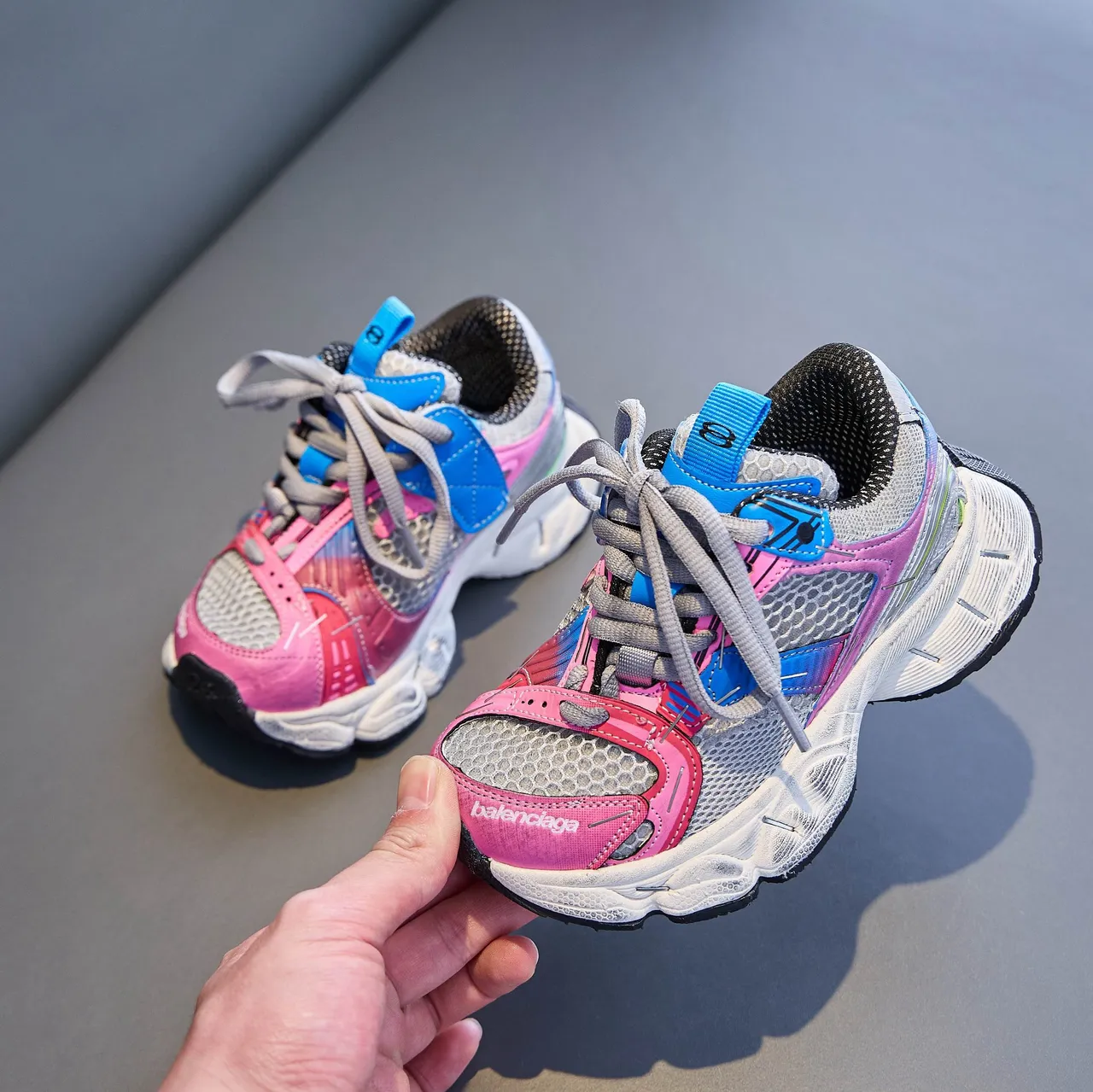 Balenciaga Pink Blue Oversized Sole Mesh-Synthetic Hybrid Upper Chunky Sneakers 4