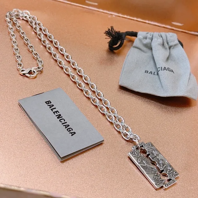 Balenciaga Razor Blade Silver Pendant Engraved Eagle Motif Necklace 3