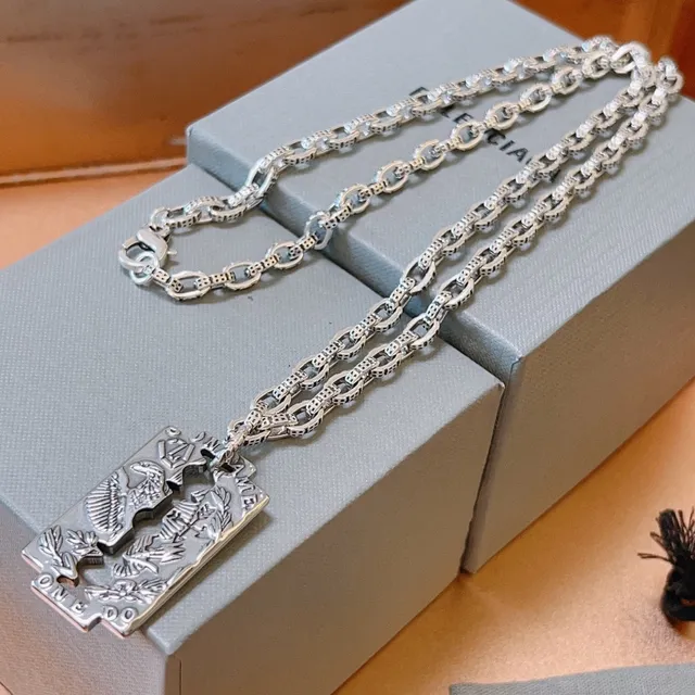 Balenciaga Razor Blade Silver Pendant Engraved Eagle Motif Necklace 4