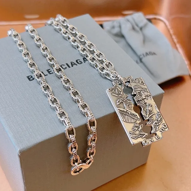 Balenciaga Razor Blade Silver Pendant Engraved Eagle Motif Necklace 6