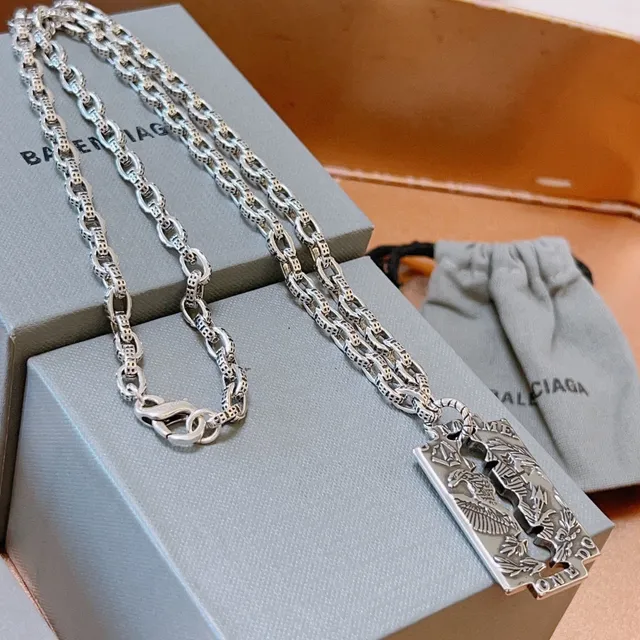 Balenciaga Razor Blade Silver Pendant Engraved Eagle Motif Necklace 7