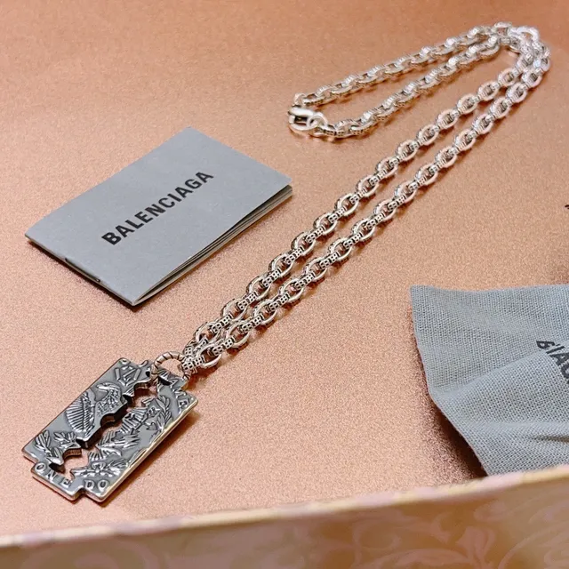 Balenciaga Razor Blade Silver Pendant Engraved Eagle Motif Necklace 9