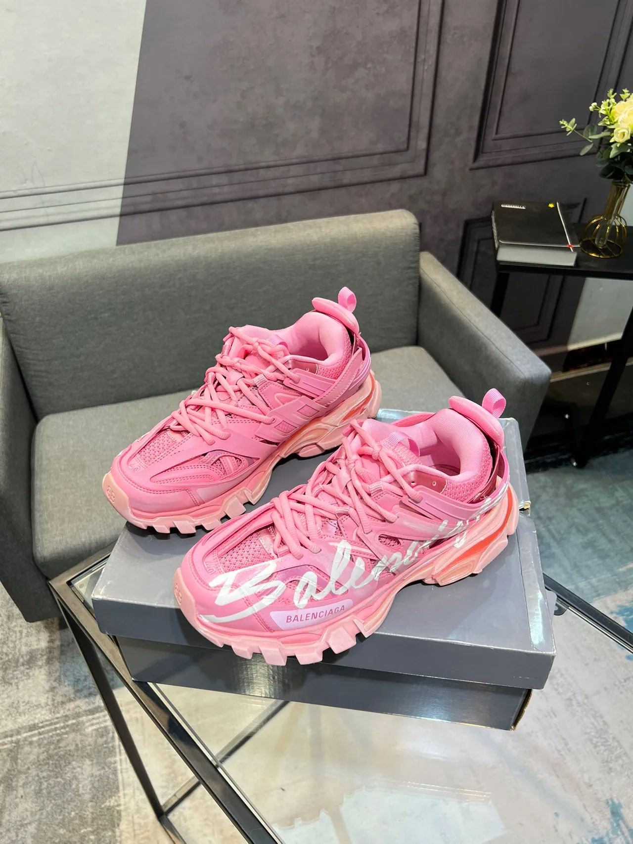 Balenciaga Runner Pink Script Chunky Sneakers 3