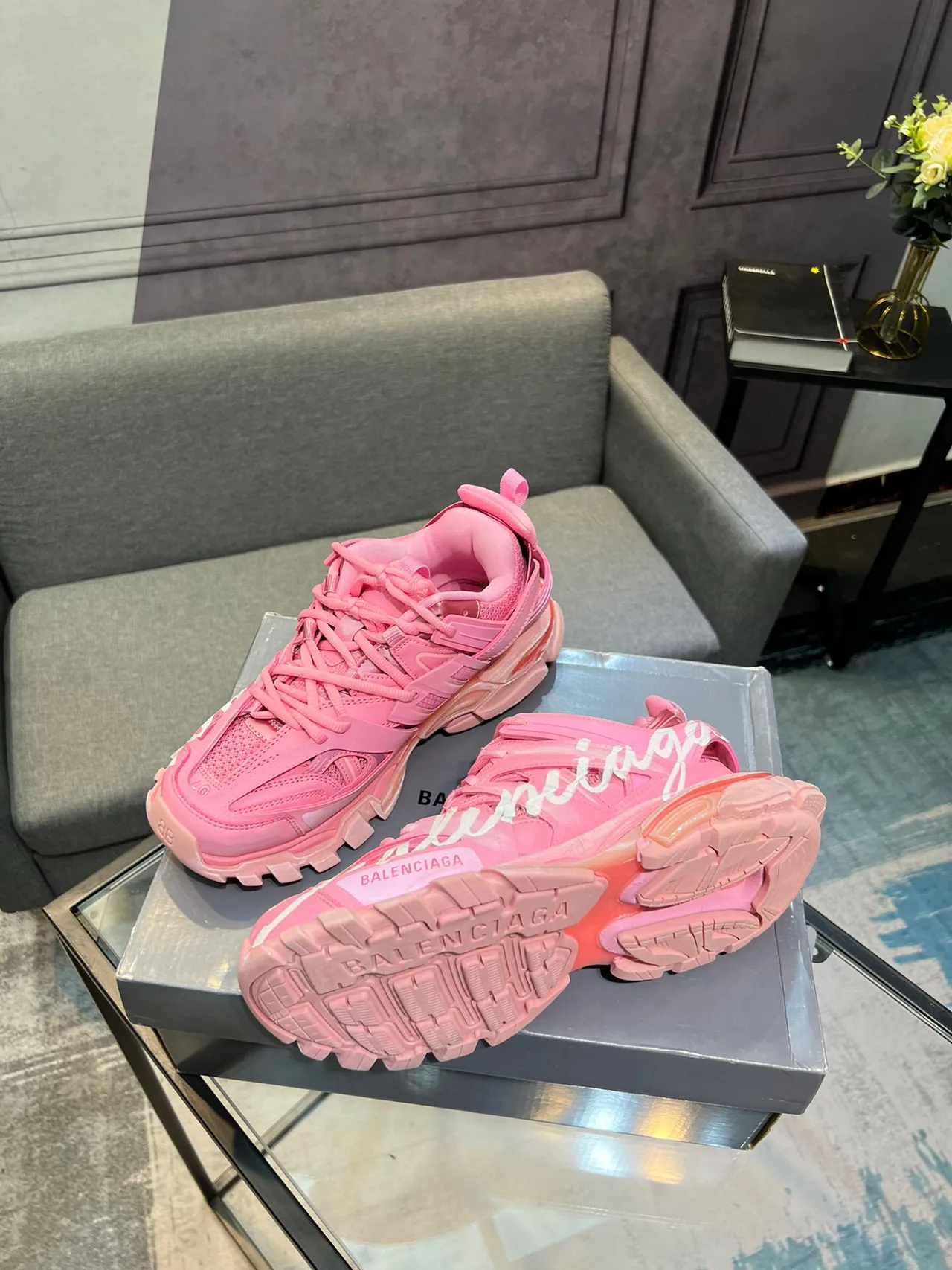 Balenciaga Runner Pink Script Chunky Sneakers 4