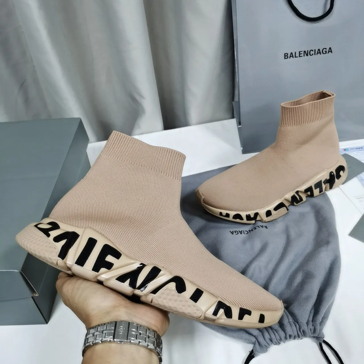 Balenciaga Speed Trainer Beige Sem Cadarço Tricô Lifestyle Tênis 3