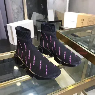 بالينسياغا سبيد ترينر أسود وردي جورب-فيت كيت أب طباعة اللوجو المتكررة لايف ستايل سنيكرز