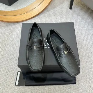 Balmain B-Court Black Gold Pebbled Leather Metal Horsebit Buckle Loafer