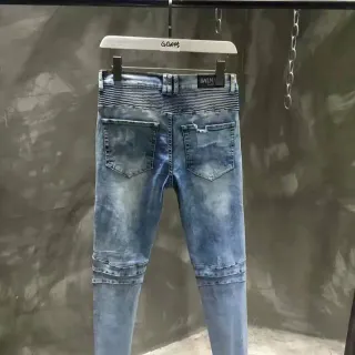 Balmain Distressed Medium-Wash Ribbed Waistband Slim Jeans