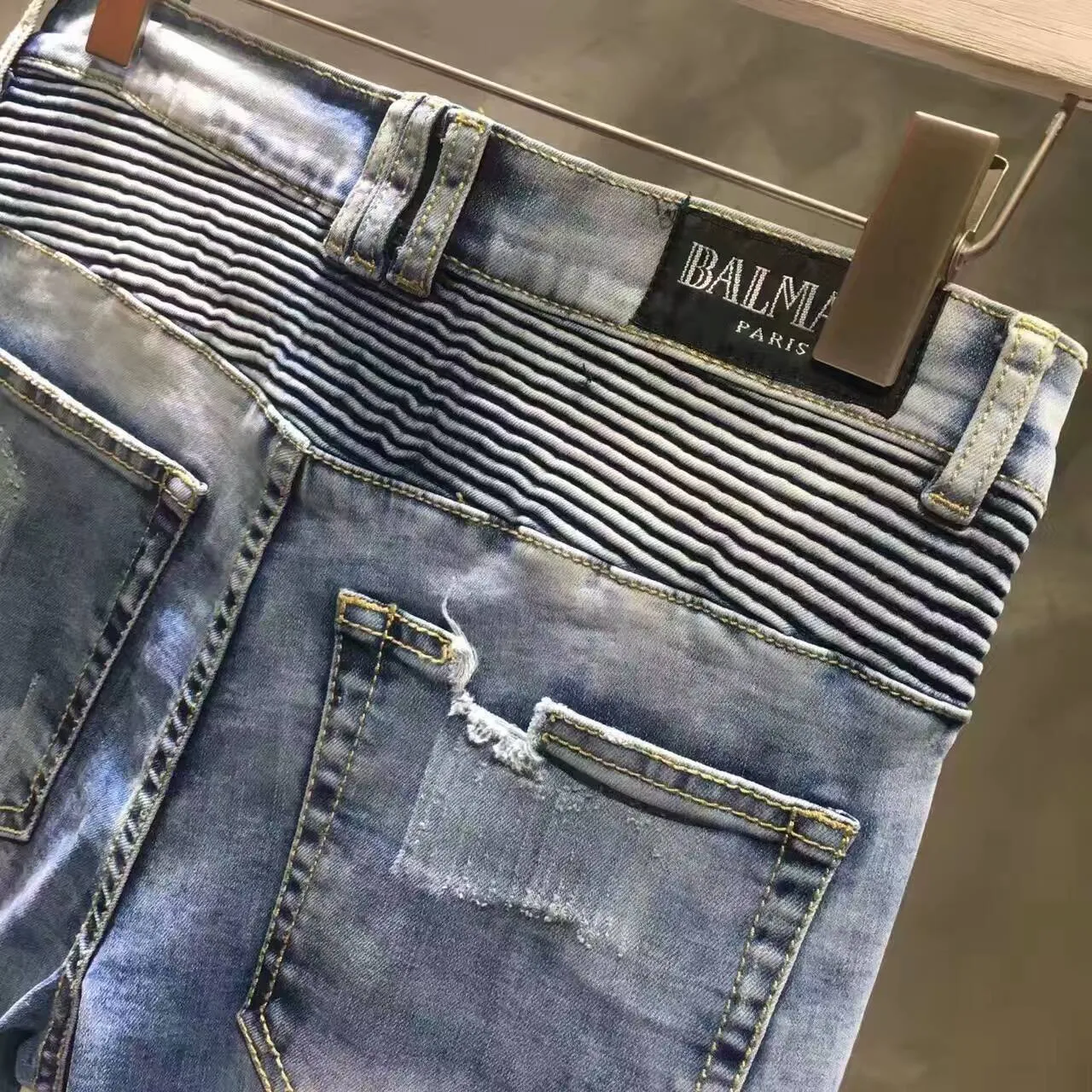 Balmain Distressed Medium-Wash Ribbed Waistband Slim Jeans 7