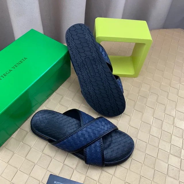 Bottega Veneta Andiamo Azul Marinho Intrecciato Couro Tricotado Chinelos 5