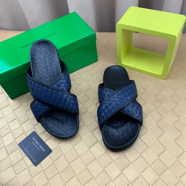 Bottega Veneta Andiamo Azul Marinho Intrecciato Couro Tricotado Chinelos 6