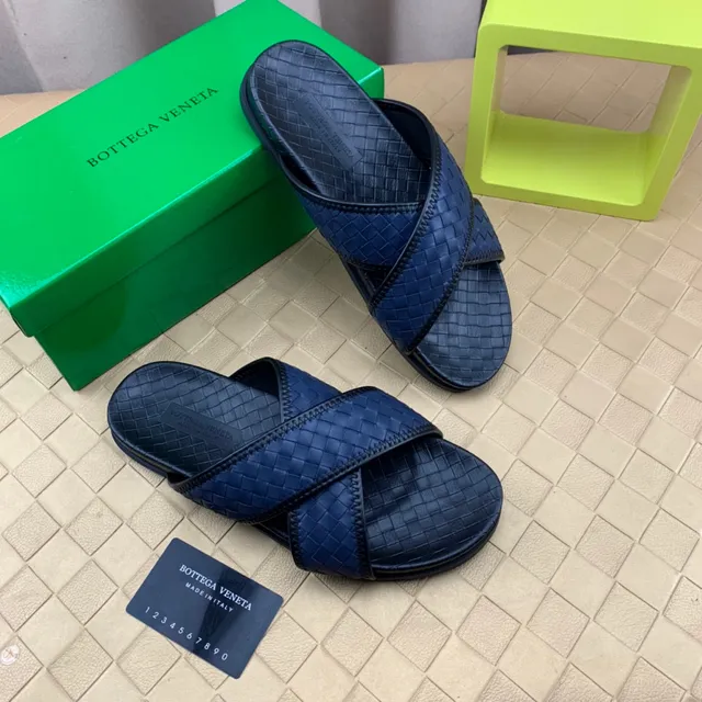 Bottega Veneta Andiamo Azul Marinho Intrecciato Couro Tricotado Chinelos 7