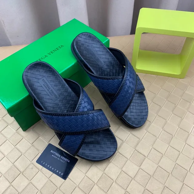 Bottega Veneta Andiamo Azul Marinho Intrecciato Couro Tricotado Chinelos 8