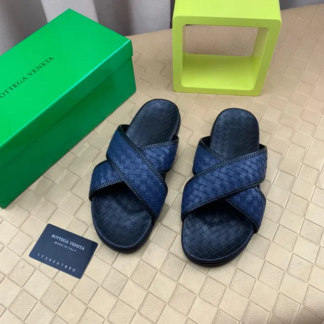 Bottega Veneta Andiamo Azul Marinho Intrecciato Couro Tricotado Chinelos 9