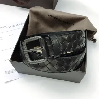 Bottega Veneta Black Silver Intrecciato Woven Rectangular Buckle Leather Belt
