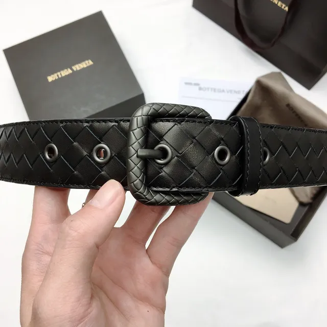 Bottega Veneta Preto Prata Intrecciato Trançado Retangular Fivela Cinto de Couro 4