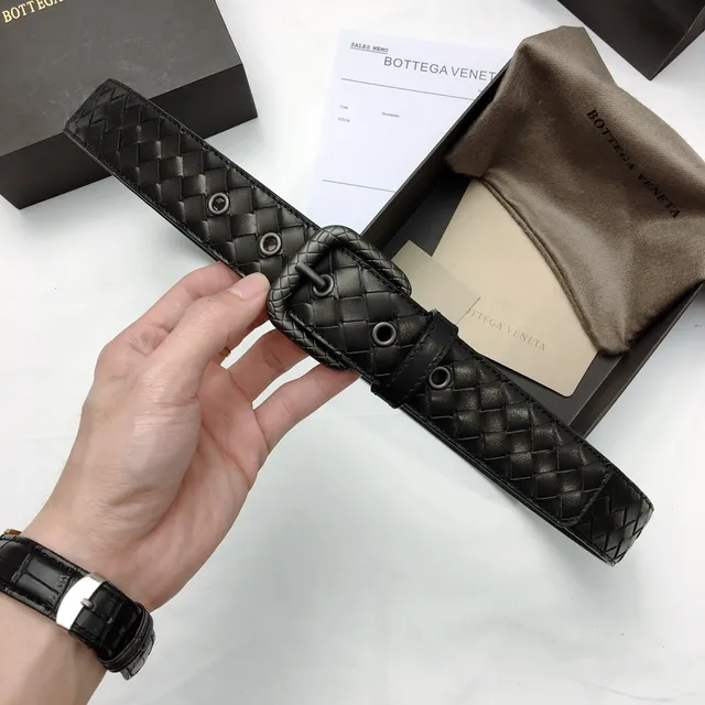 Bottega Veneta Preto Prata Intrecciato Trançado Retangular Fivela Cinto de Couro 5
