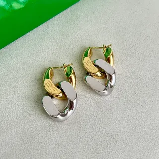 Bottega Veneta Cassette Interlocking Link Gold Silver Green Enamel Earrings