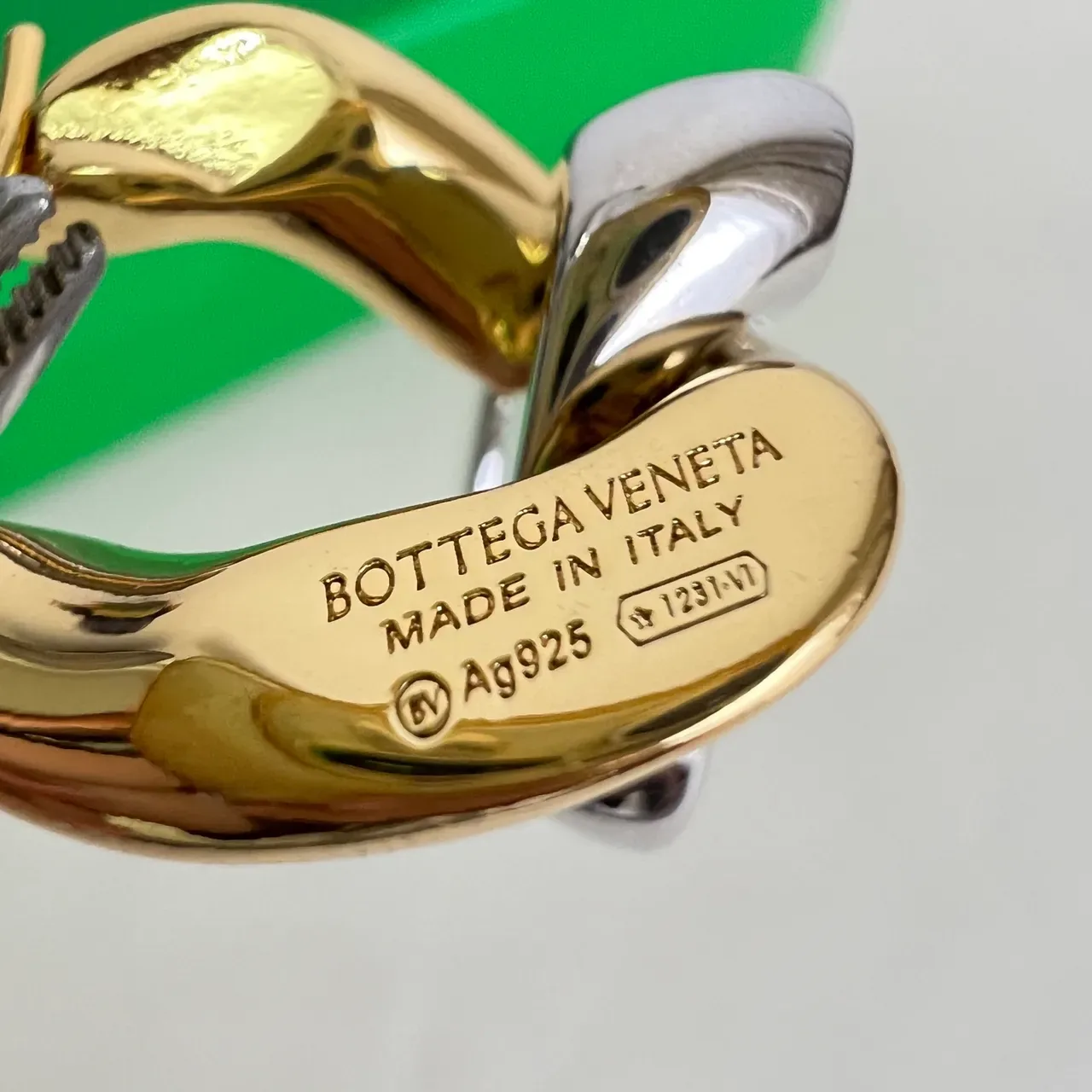 Bottega Veneta Cassette Interlocking Link Gold Silver Green Enamel Earrings 2