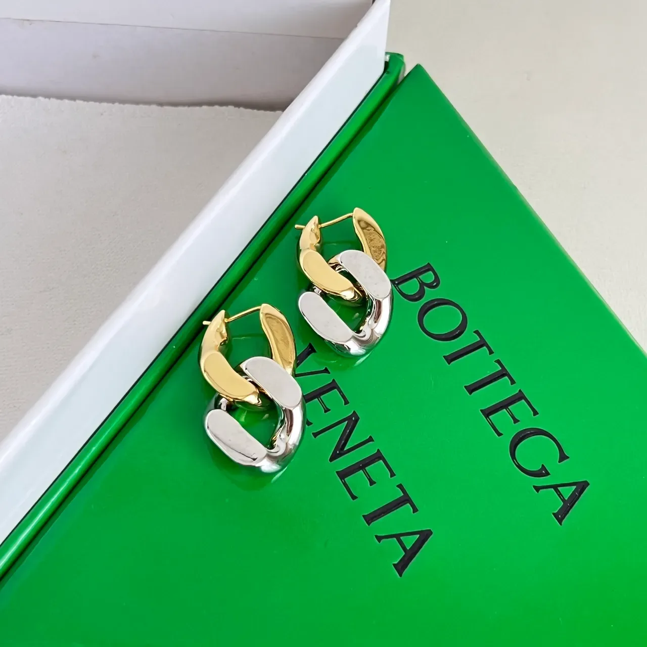 Bottega Veneta Cassette Interlocking Link Gold Silver Green Enamel Earrings 3