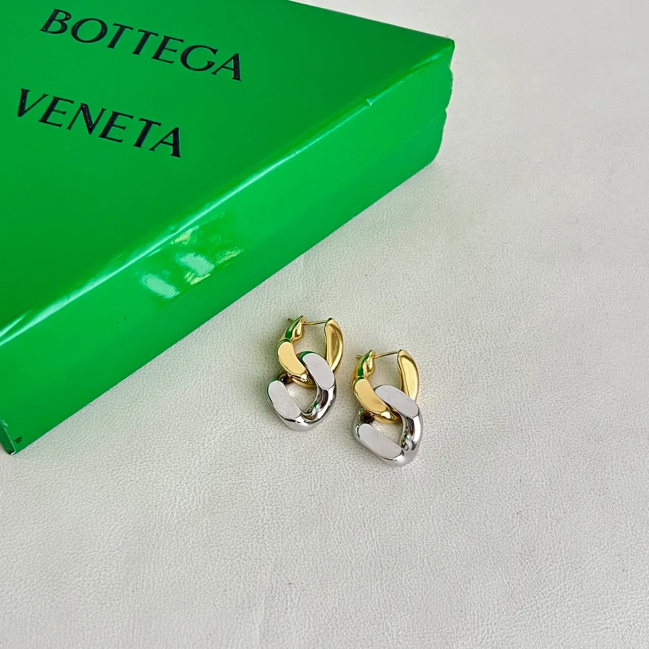 Bottega Veneta Cassette Interlocking Link Gold Silver Green Enamel Earrings 4
