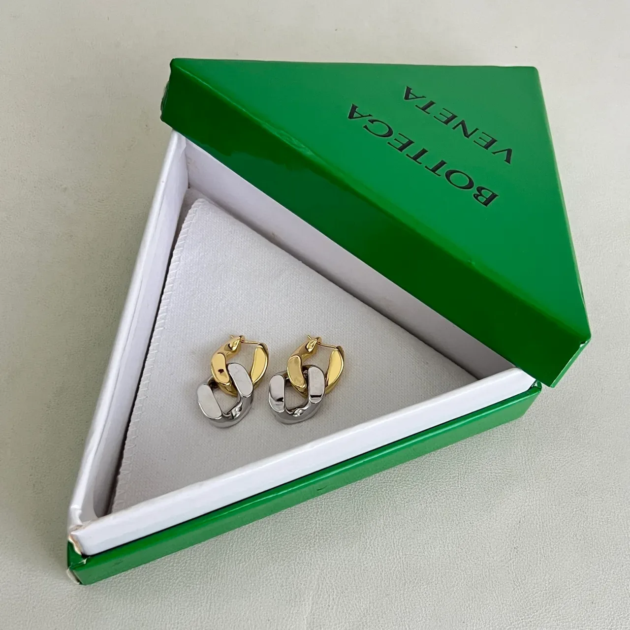 Bottega Veneta Cassette Interlocking Link Gold Silver Green Enamel Earrings 5