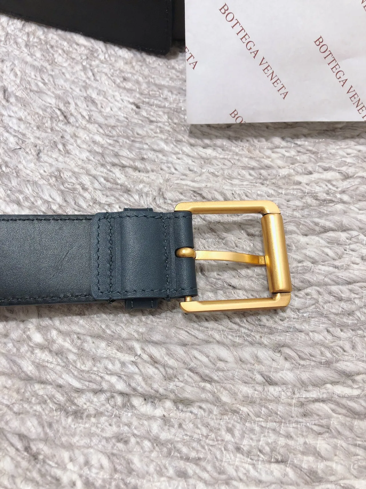 Bottega Veneta Navy Gold Intrecciato Tecido Retangular Fivela Cinto de Couro 3