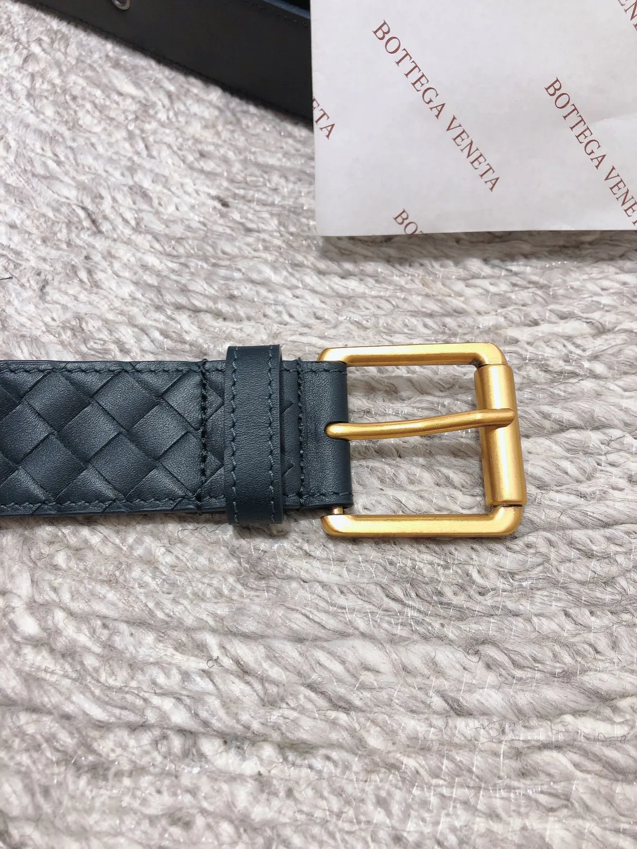 Bottega Veneta Navy Gold Intrecciato Tecido Retangular Fivela Cinto de Couro 4