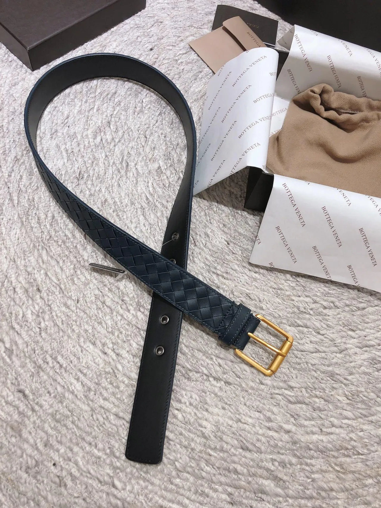 Bottega Veneta Navy Gold Intrecciato Tecido Retangular Fivela Cinto de Couro 5