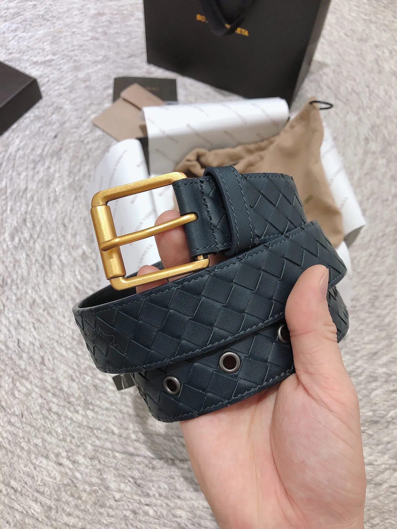 Bottega Veneta Navy Gold Intrecciato Tecido Retangular Fivela Cinto de Couro 6