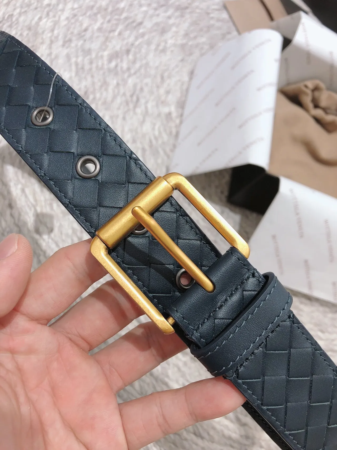 Bottega Veneta Navy Gold Intrecciato Tecido Retangular Fivela Cinto de Couro 7