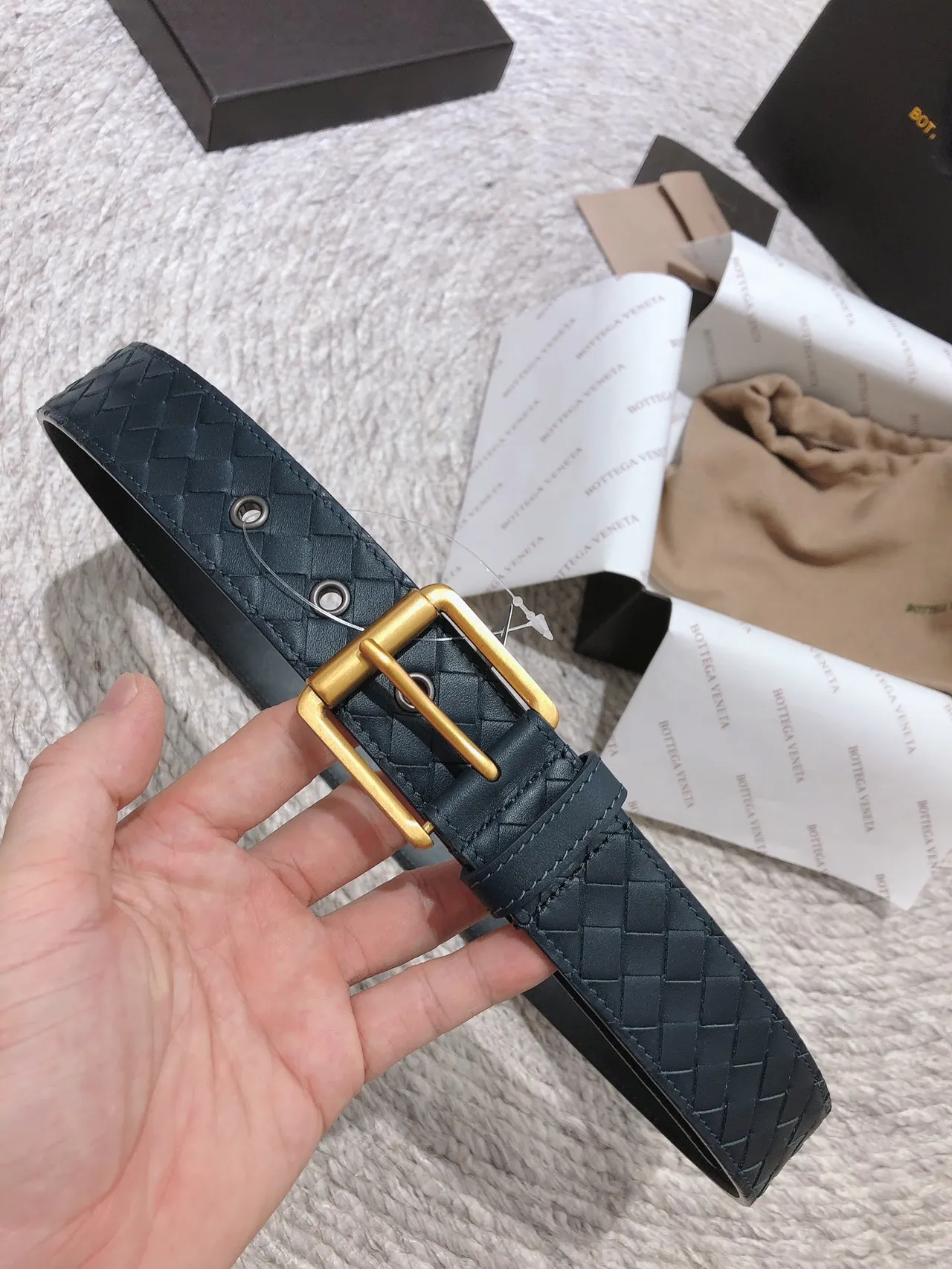 Bottega Veneta Navy Gold Intrecciato Tecido Retangular Fivela Cinto de Couro 8