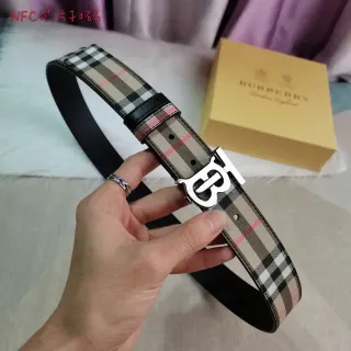 Burberry Beige Black Check-Pattern Canvas TB Monogram Buckle Leather Belt