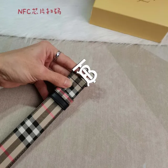 Burberry Beige Black Check-Pattern Canvas TB Monogram Buckle Leather Belt 2