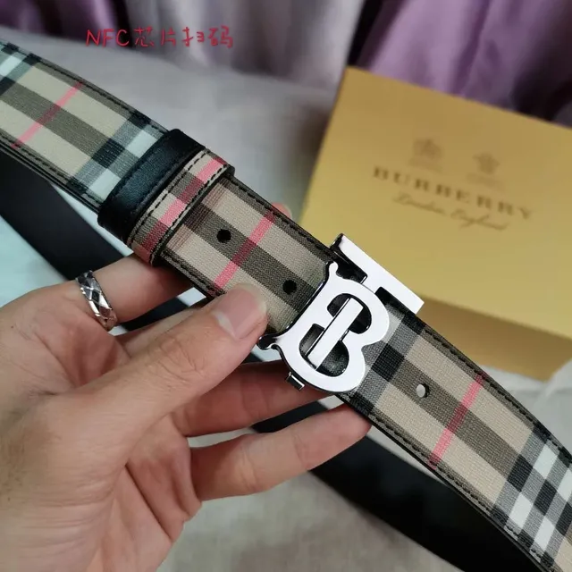 Burberry Beige Black Check-Pattern Canvas TB Monogram Buckle Leather Belt 3