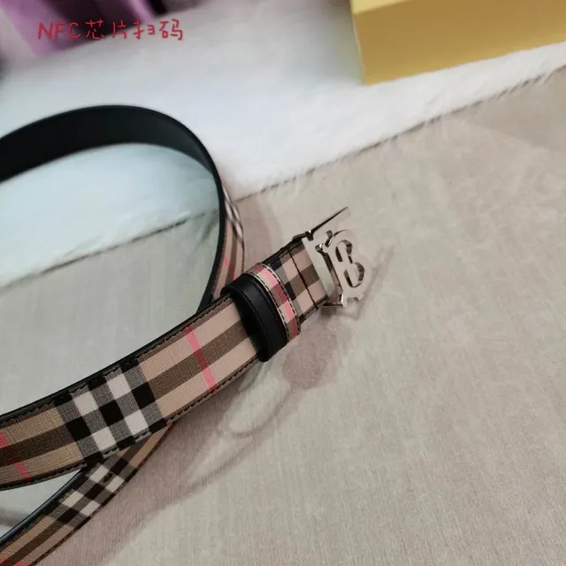 Burberry Beige Black Check-Pattern Canvas TB Monogram Buckle Leather Belt 4
