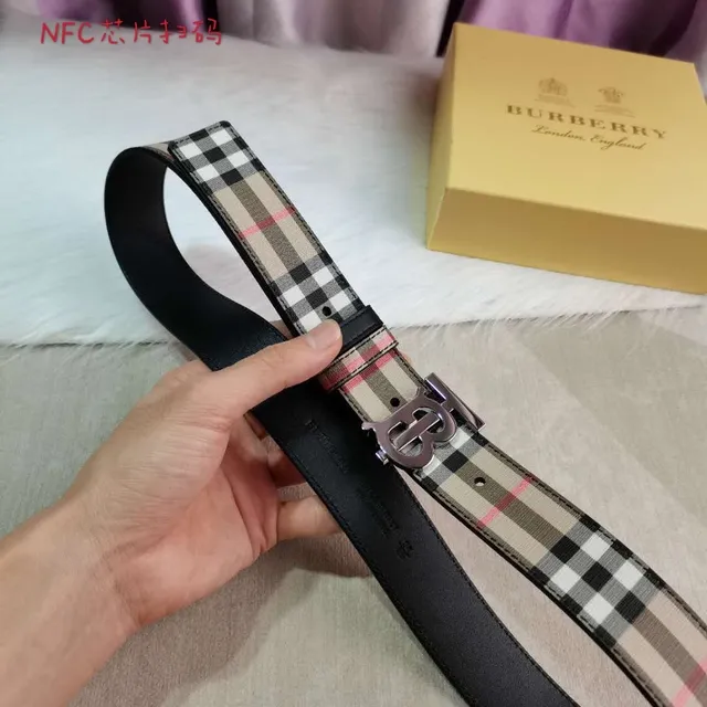Burberry Beige Black Check-Pattern Canvas TB Monogram Buckle Leather Belt 5