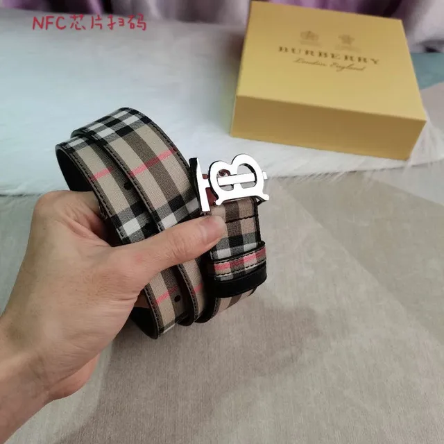 Burberry Beige Black Check-Pattern Canvas TB Monogram Buckle Leather Belt 6