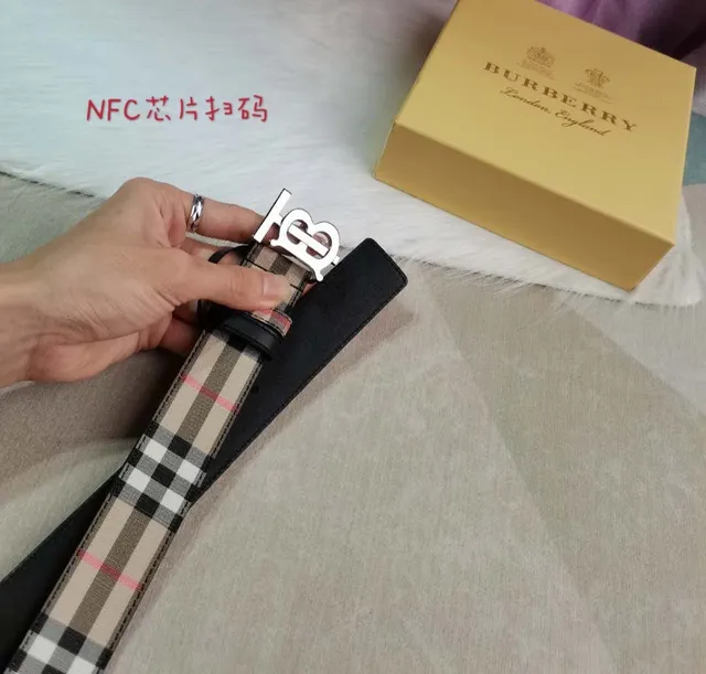 Burberry Beige Black Check-Pattern Canvas TB Monogram Buckle Leather Belt 7