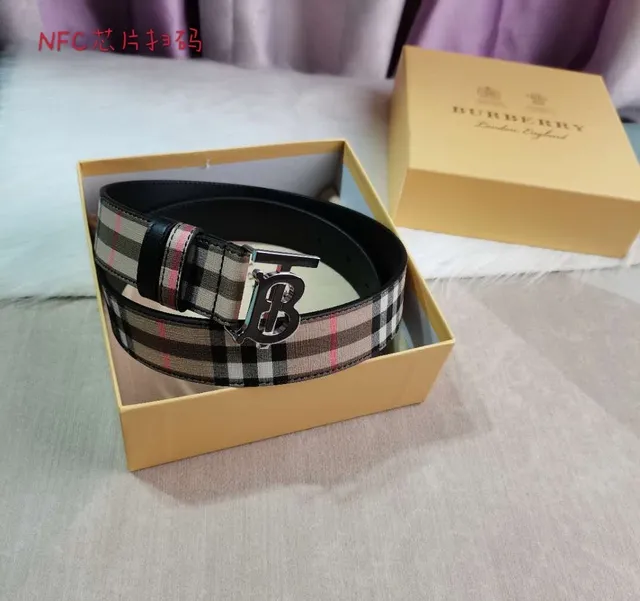 Burberry Beige Black Check-Pattern Canvas TB Monogram Buckle Leather Belt 8