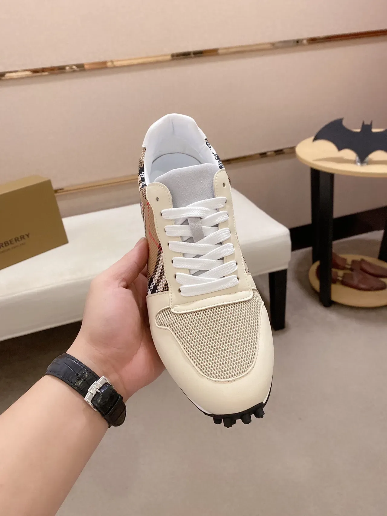 Burberry Beige Multicolor Check-Pattern Side Panel Mixed Mesh And Suede Upper Lifestyle Sneakers 9