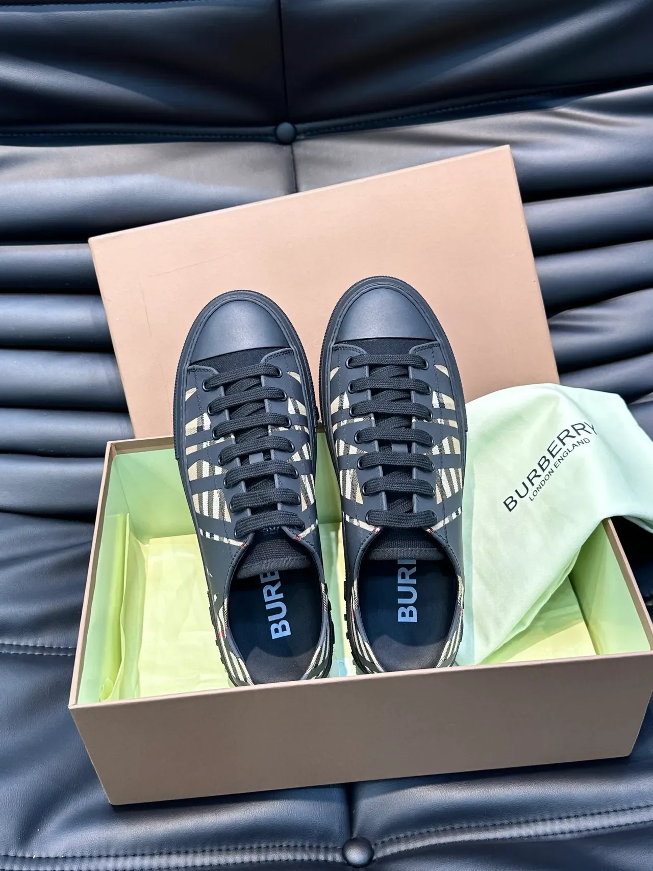 Burberry Black Beige Check-Pattern Upper Diagonal Stripe Overlay Lifestyle Sneakers 4
