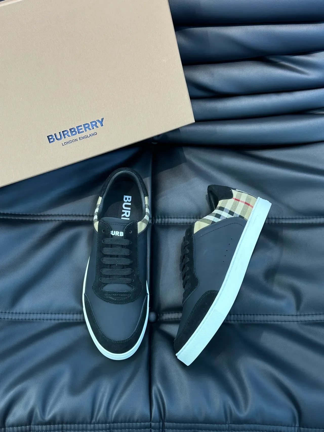 Burberry Black Beige Low-Top Check-Panel Accent Lifestyle Sneakers 4