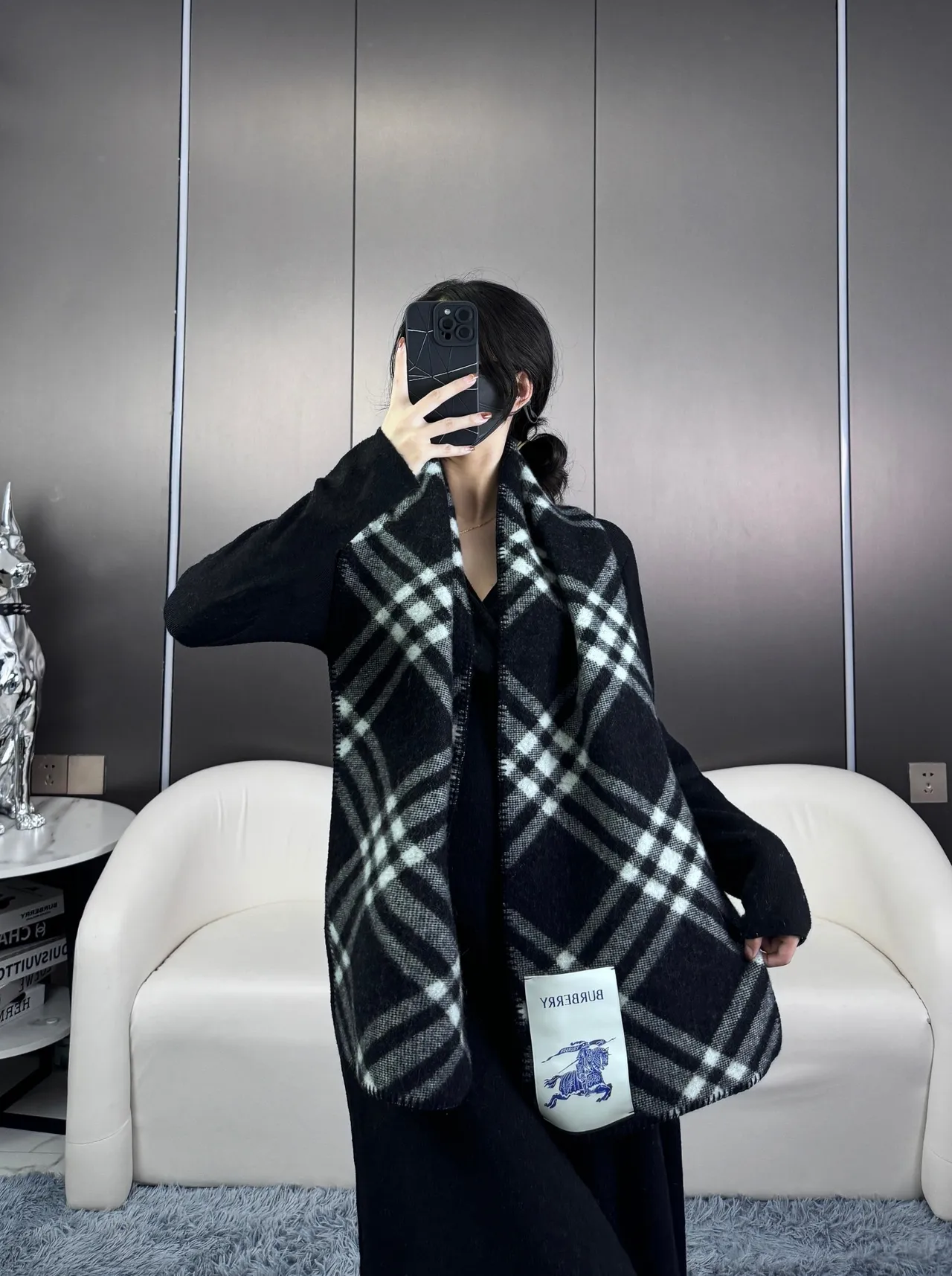 Burberry Black White Oversized Check Pattern Gradient Tonal Weave Cashmere Scarf 3