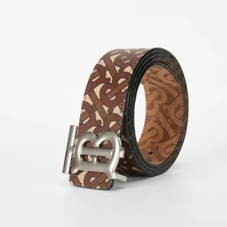 Burberry Brown Beige Monogram-Printed Metal TB-Logo Buckle Leather Belt