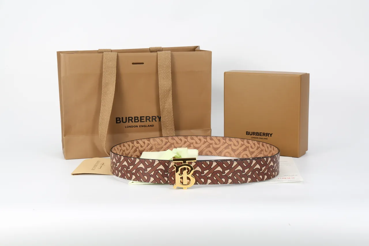 Burberry Marron Beige Monogramme Imprimé Boucle TB-Logo Métal Ceinture Cuir 2