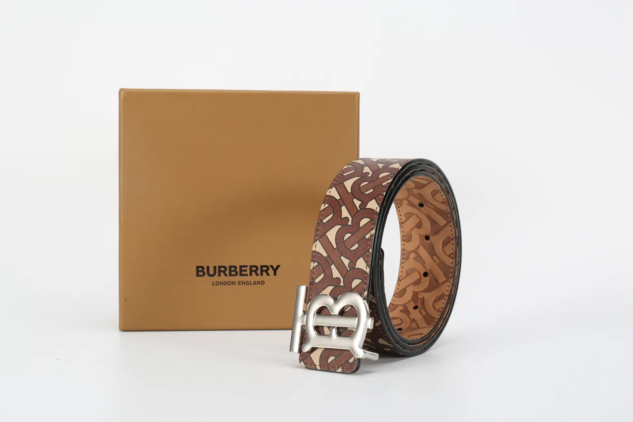 Burberry Marron Beige Monogramme Imprimé Boucle TB-Logo Métal Ceinture Cuir 4