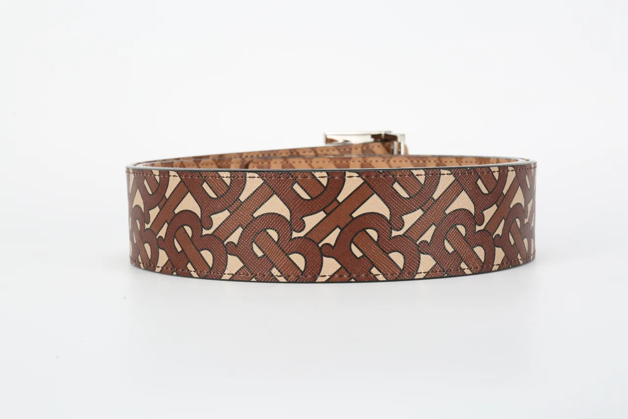 Burberry Marron Beige Monogramme Imprimé Boucle TB-Logo Métal Ceinture Cuir 5