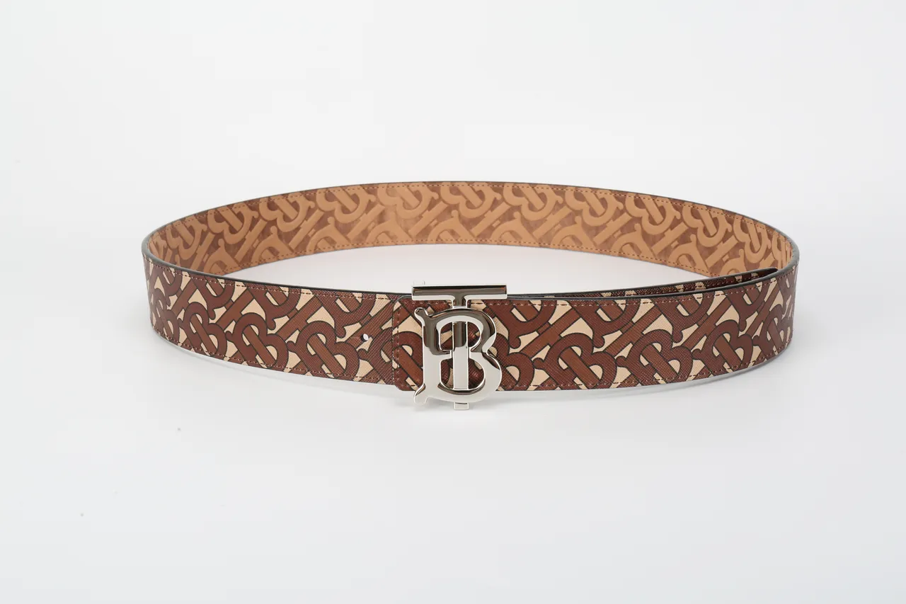 Burberry Marron Beige Monogramme Imprimé Boucle TB-Logo Métal Ceinture Cuir 9