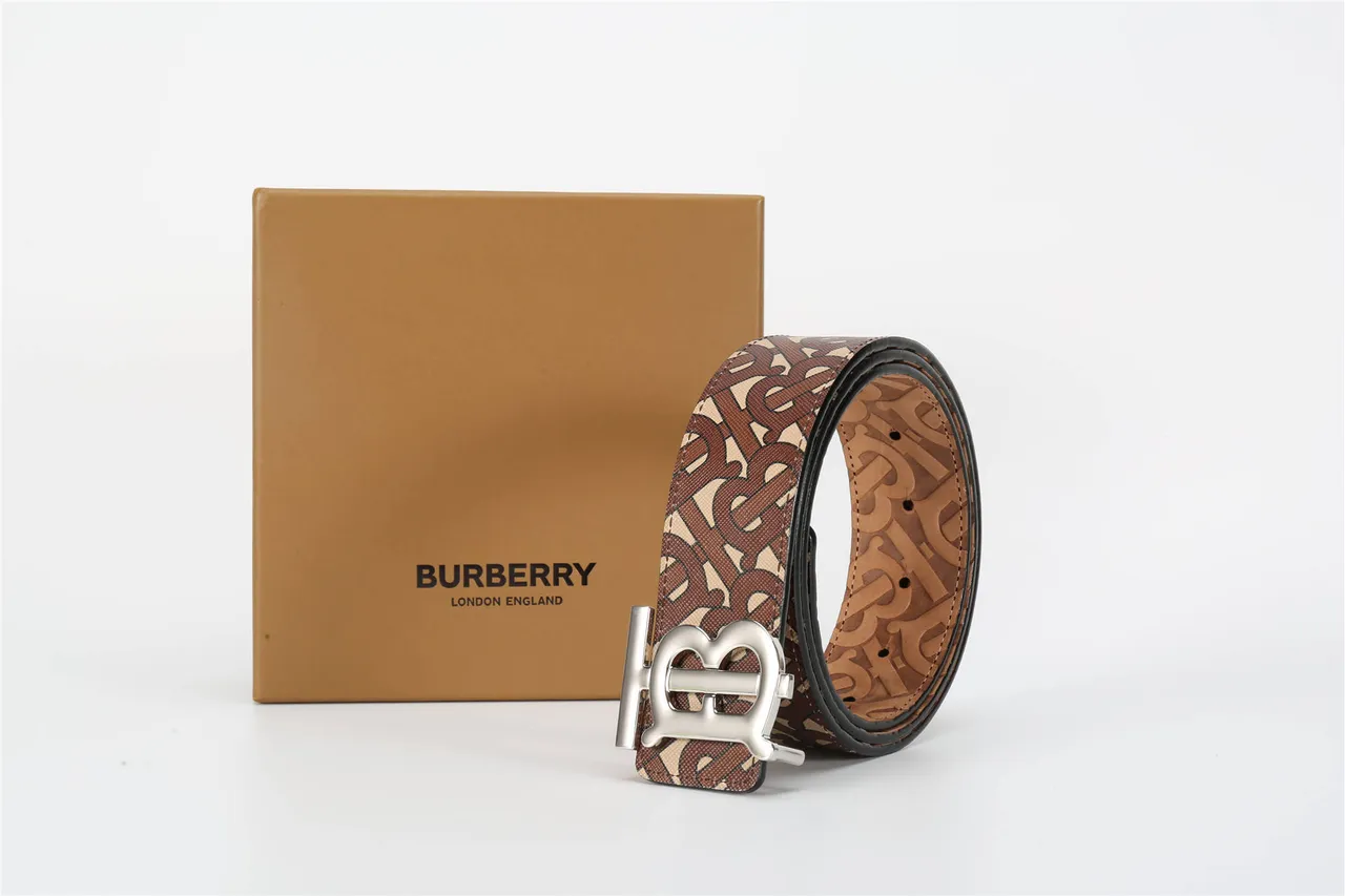 Burberry Marron Beige Monogramme Imprimé Boucle TB-Logo Métal Ceinture Cuir 12
